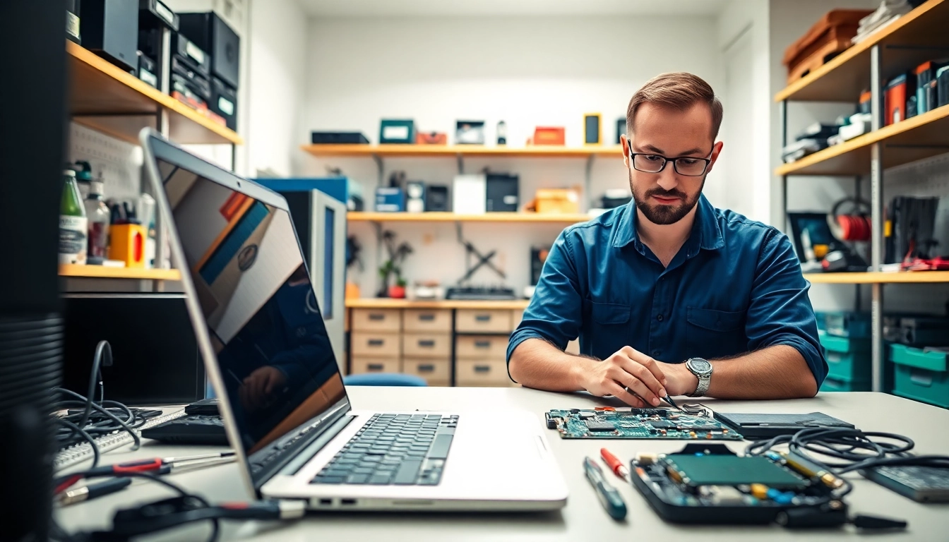 Riparazione computer settimo torinese con un tecnico esperto al lavoro su un laptop in un ambiente moderno.