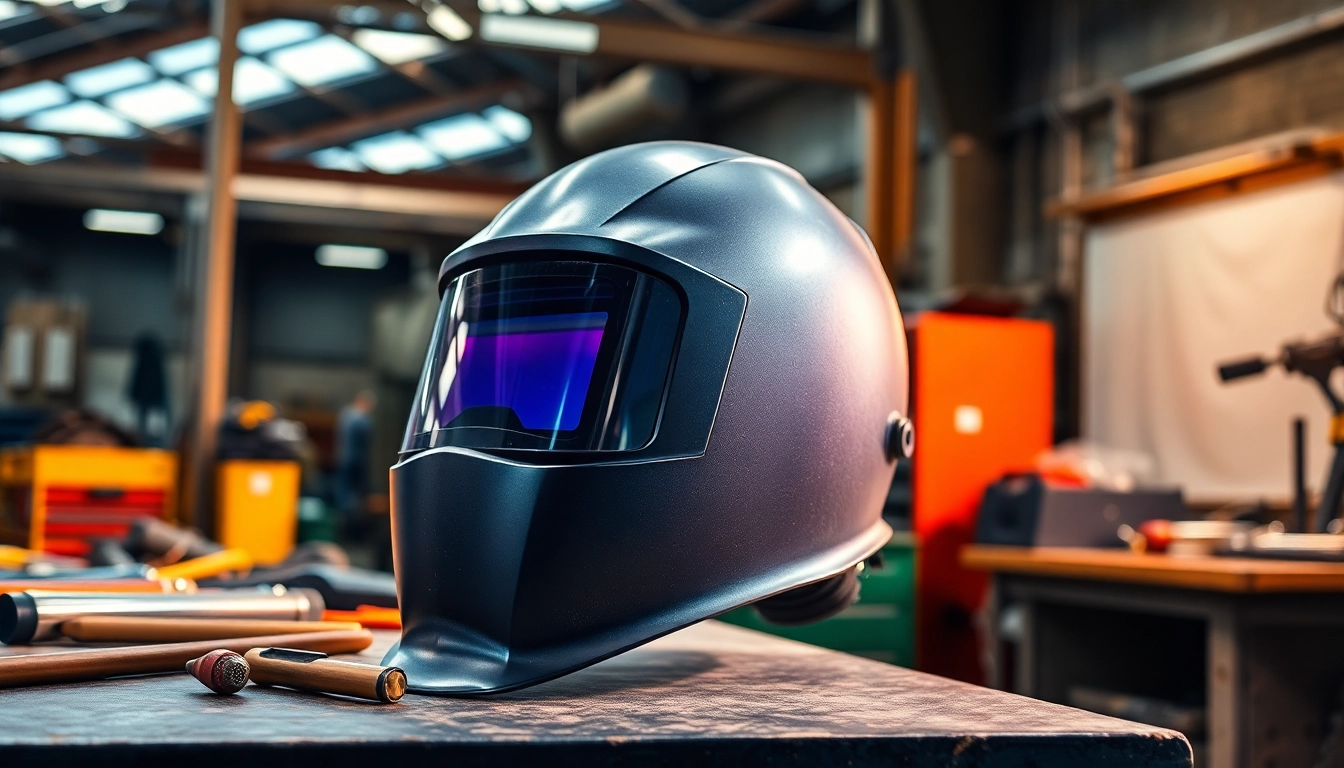Inspecting a speedglas welding helmet on a workshop bench with tools around.