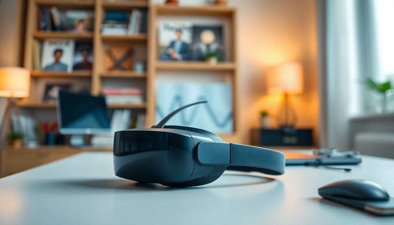 Buy Vision Pro headset elegantly displayed in a stylish home office setup, reflecting high-tech aesthetics.