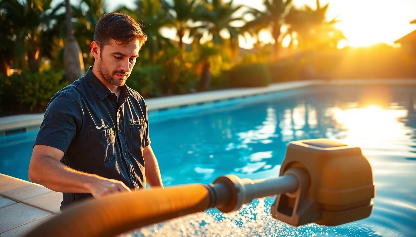 Pool service Largo technician cleaning a vibrant swimming pool, showcasing maintenance expertise.