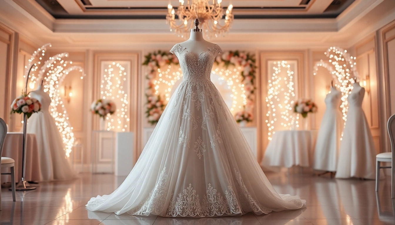 Showcase of reception wedding dresses featuring intricate lace designs and elegant settings.