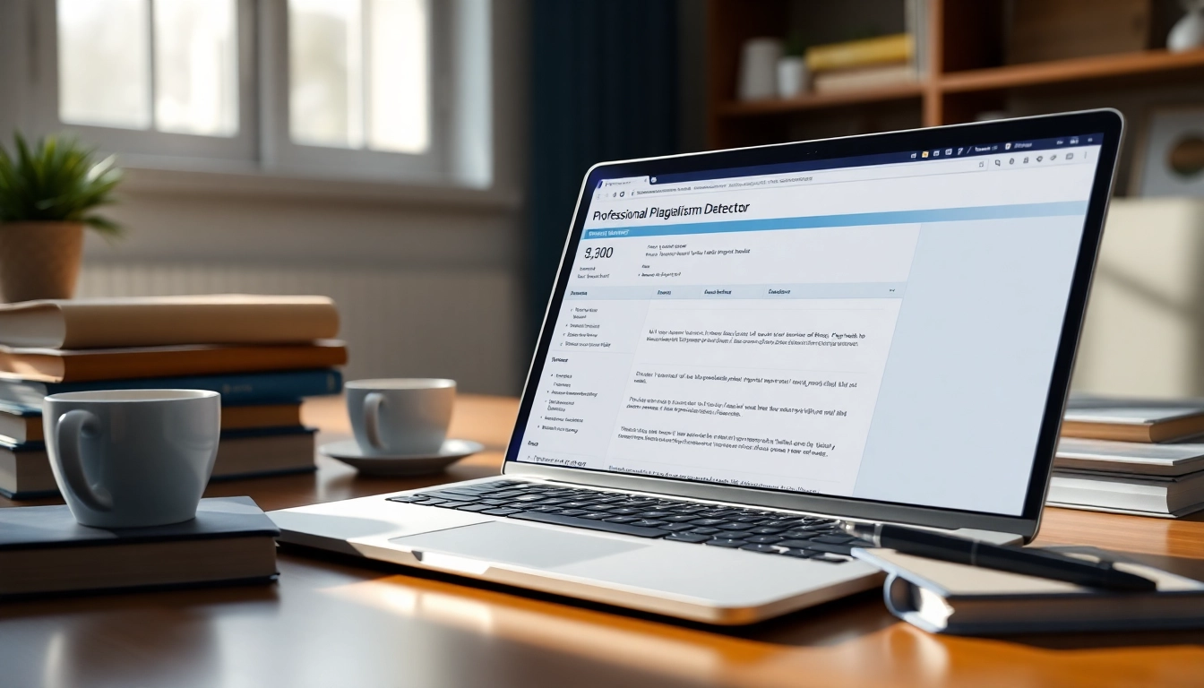 Analyze text with a powerful plagiarism detector on a sleek laptop in a cozy study setting.