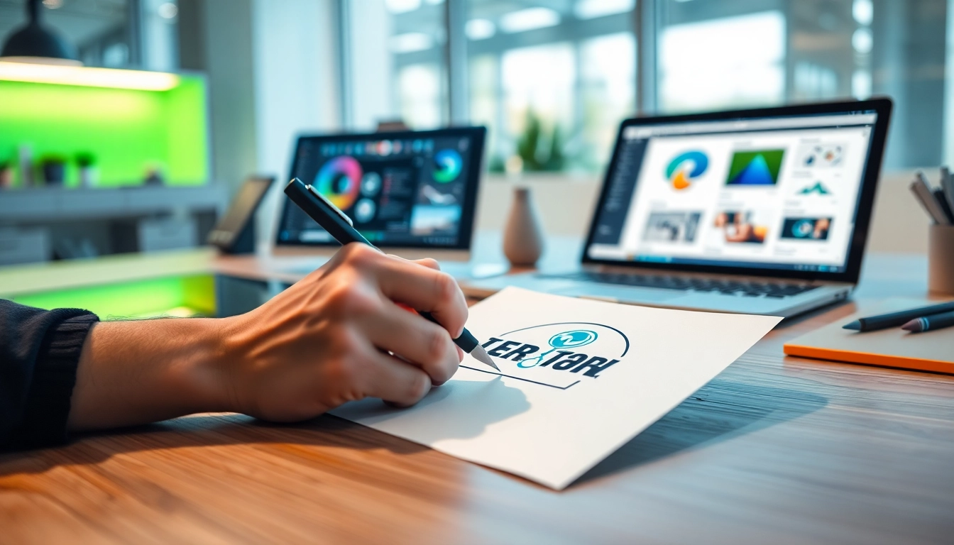 Creating a trademark logo in a professional design setting with vibrant colors and modern tools.