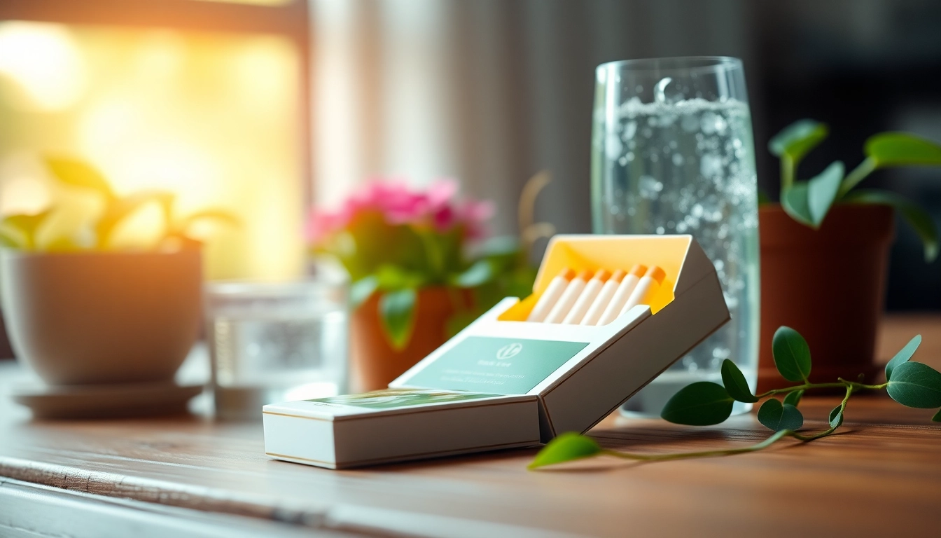 Showcase of nicotine free cigarettes in a stylish arrangement among green plants for a health-conscious lifestyle.