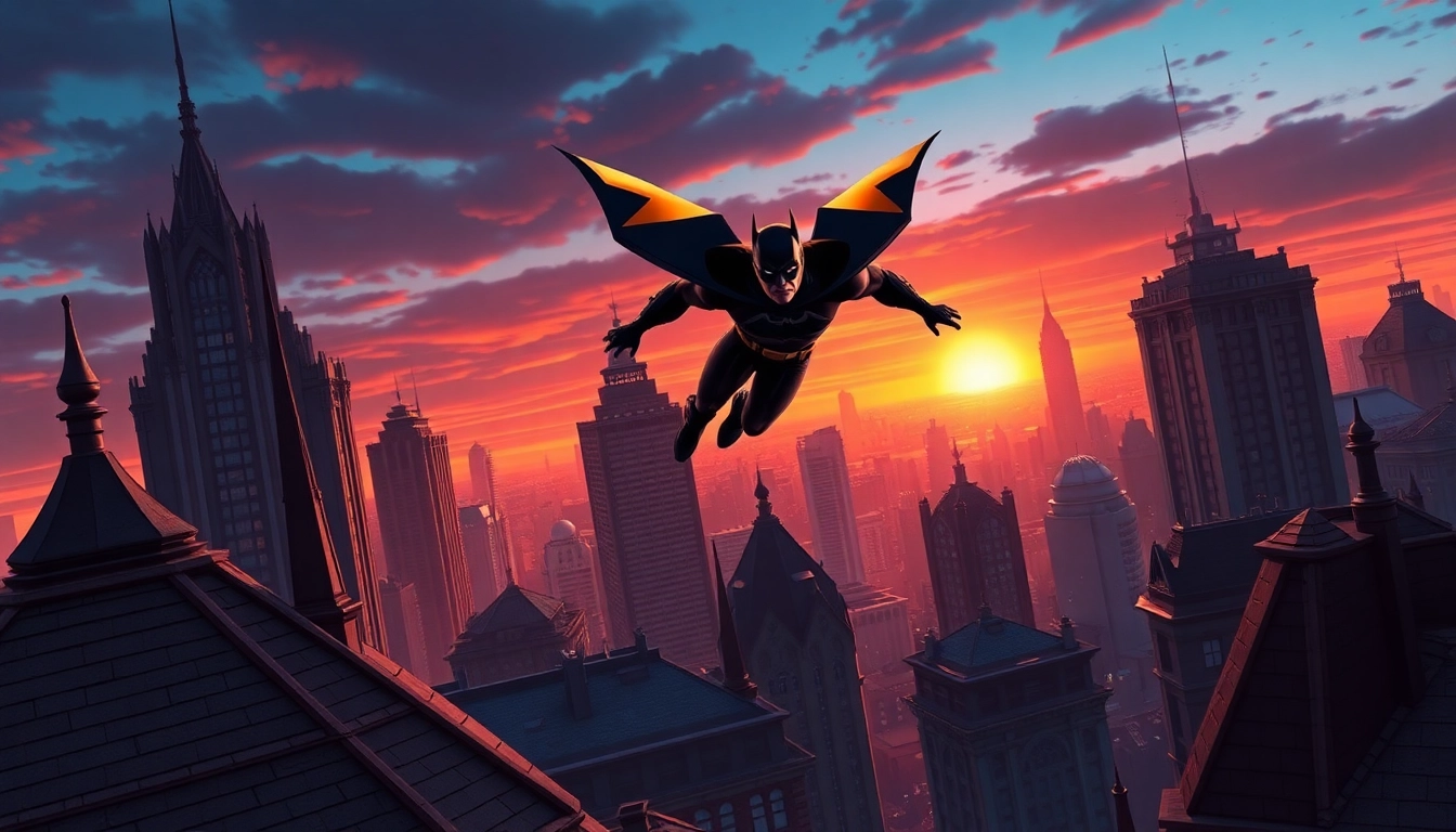 Game batman138 menampilkan pahlawan super terbang di atas Gotham dengan latar kota yang megah.
