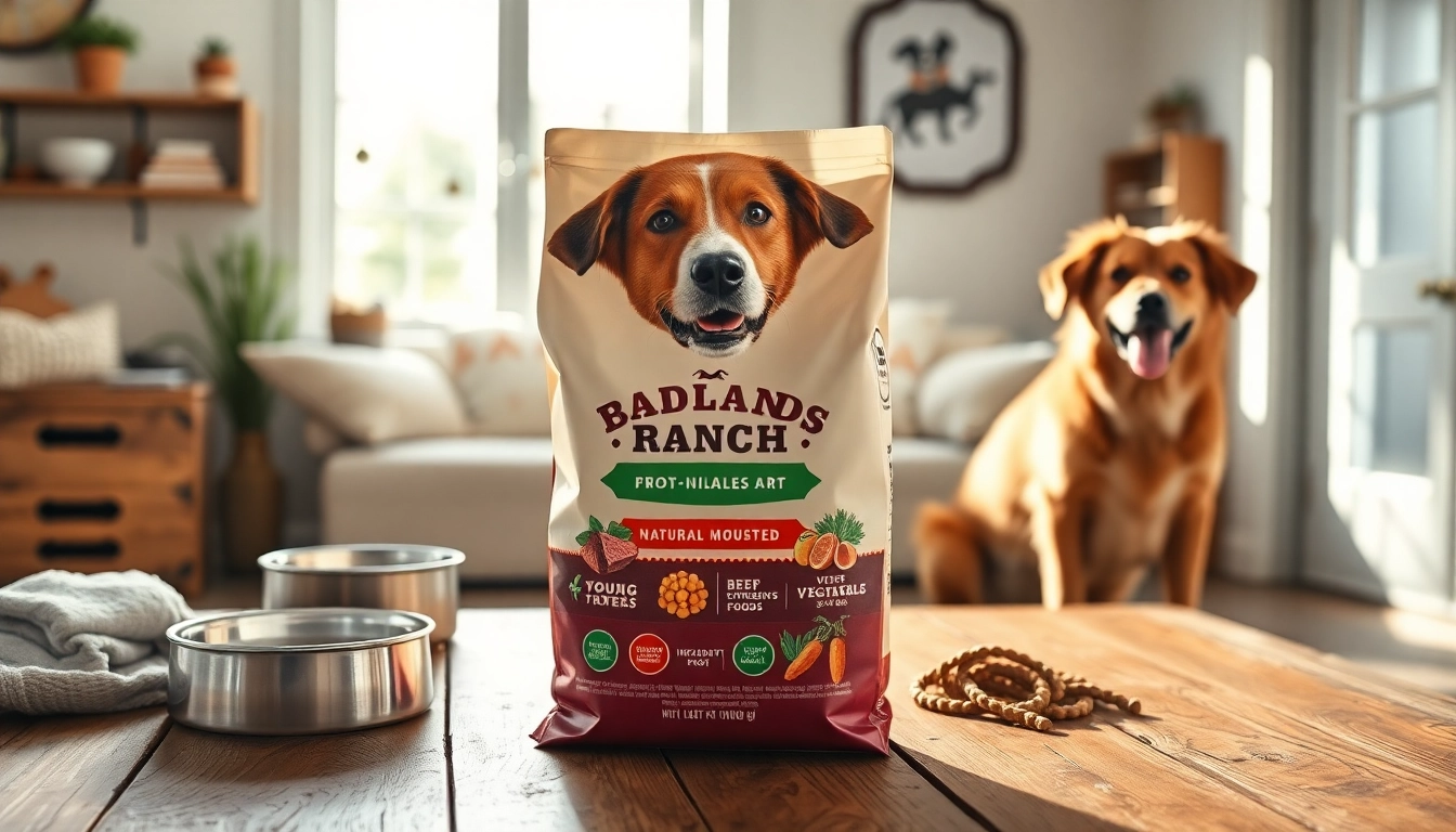 Feature badlands ranch dog food packaging with a happy dog waiting to eat.