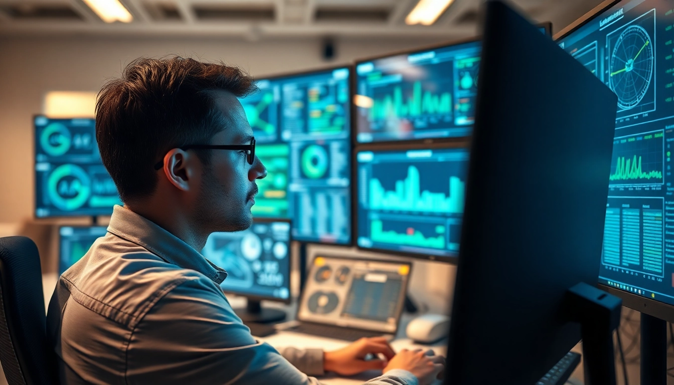 Analyze AI detection processes with a focused analyst examining complex data on multiple screens.