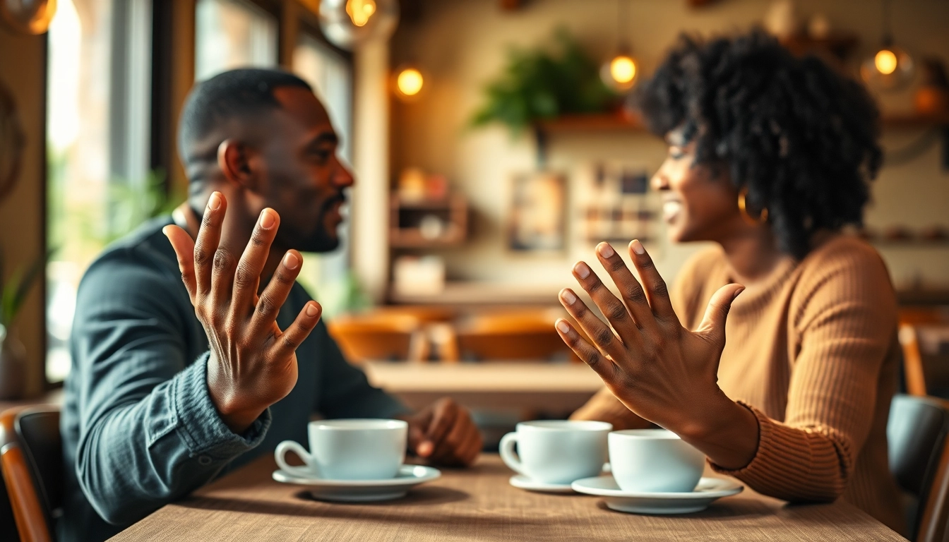 Couple demonstrating effective communication in relationships at a café.