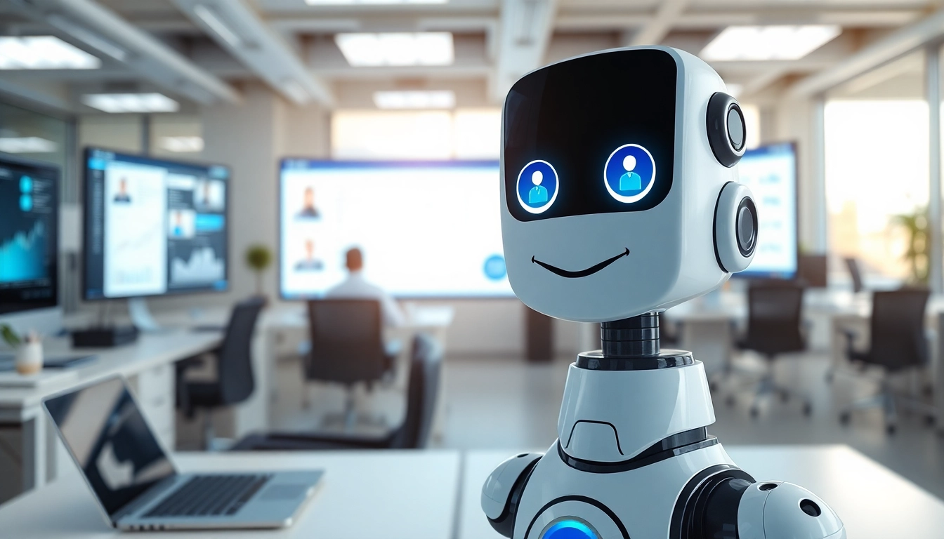 Engaging AI bot for websites presented in a modern office, showcasing user-friendly interactions.