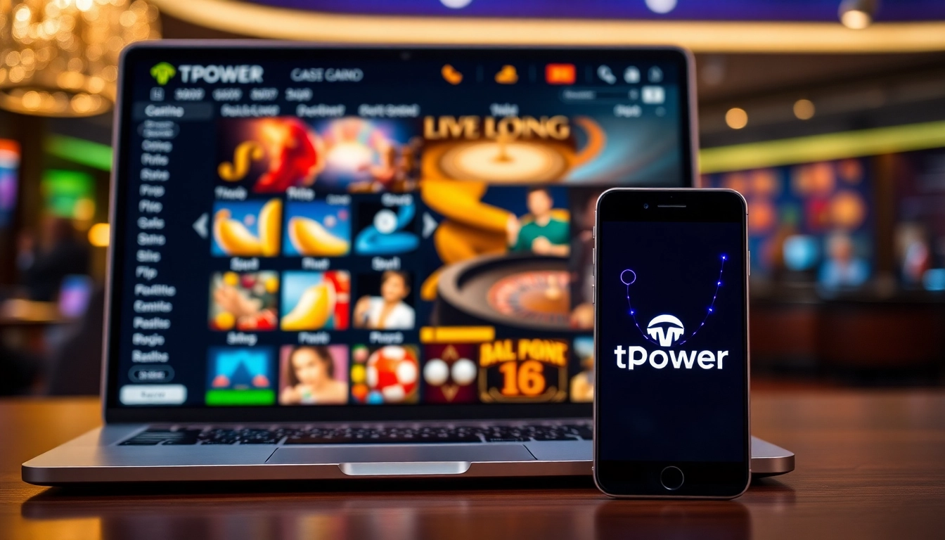 Experience the thrill of TPower casino with vibrant gaming scenes and elegant devices.