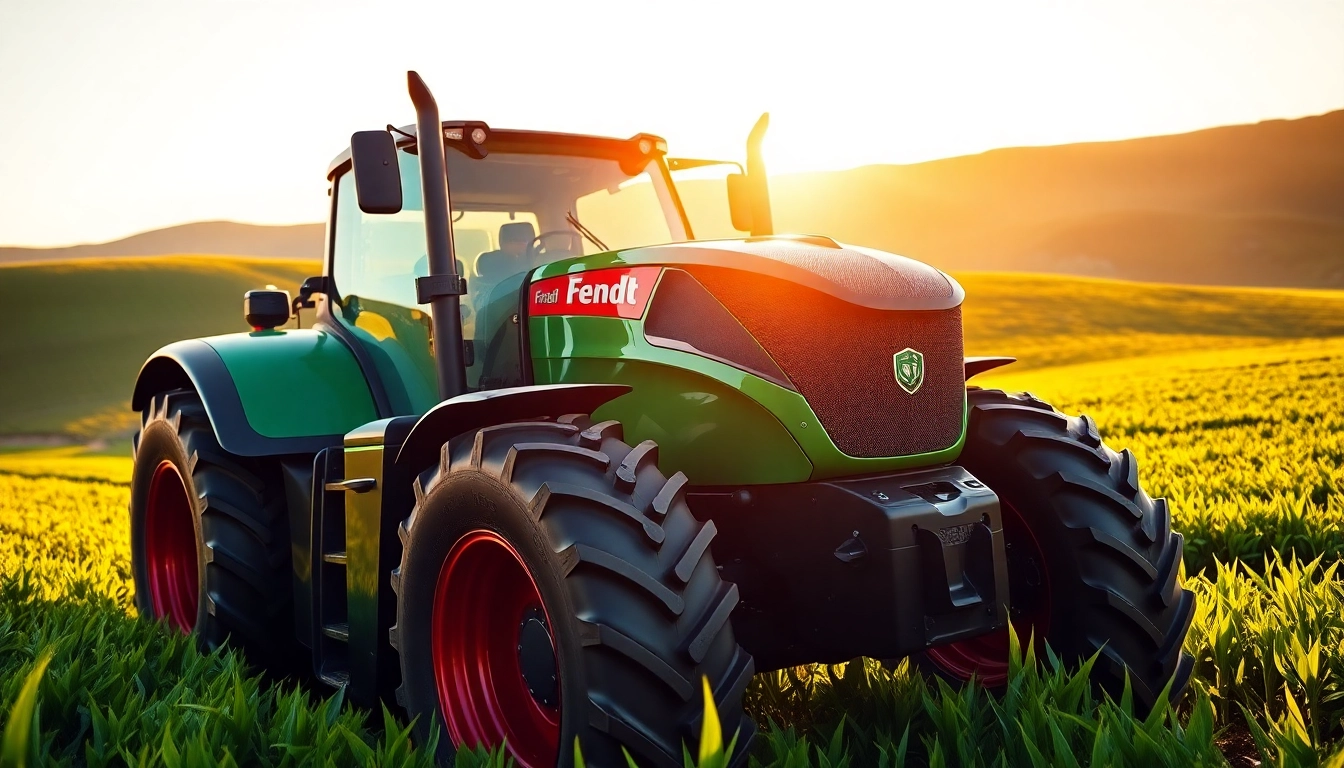 Fendt-Traktor im Vordergrund auf einem grünen Feld bei Sonnenuntergang, zeigt landwirtschaftliche Effizienz.