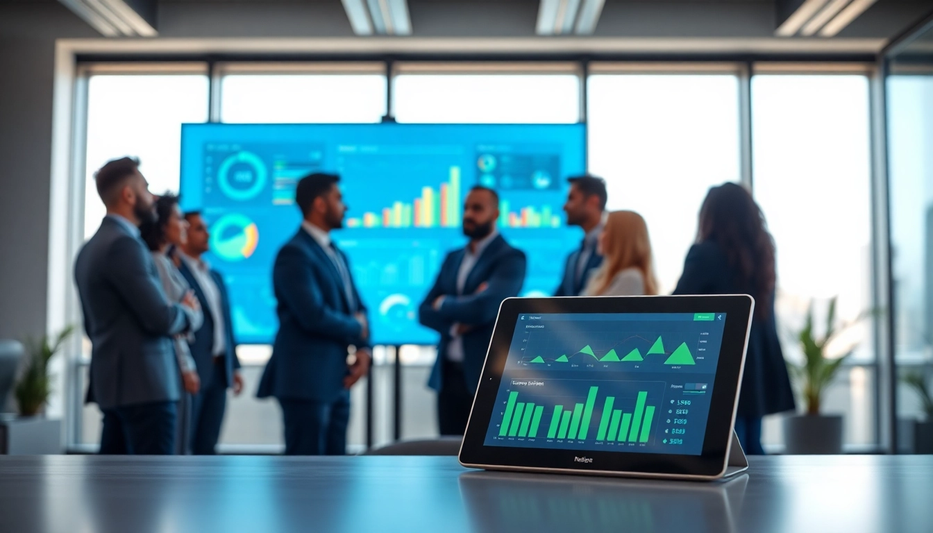 Analyze competitive intelligence data with a professional team in a modern office.
