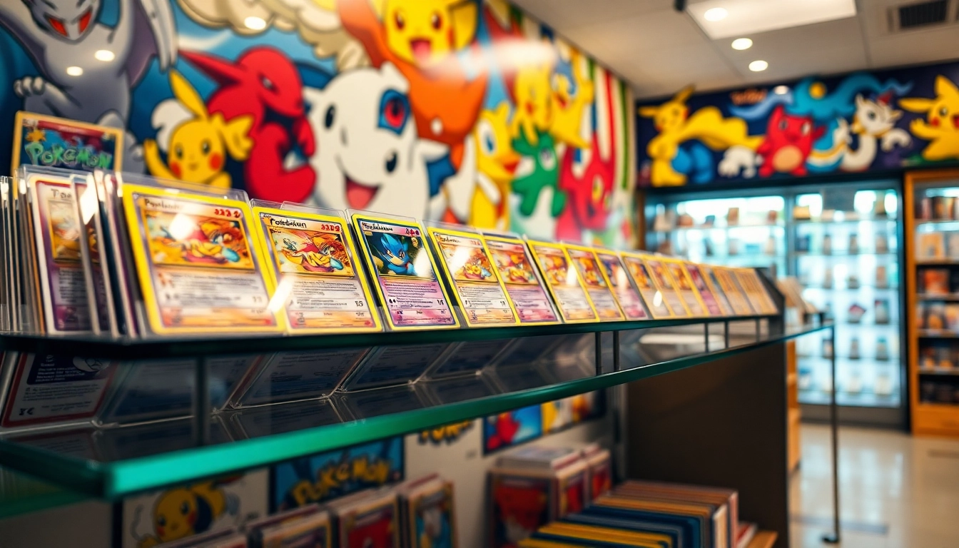 Explore real pokemon cards in India displayed in a vibrant shop, showcasing the excitement of collecting.
