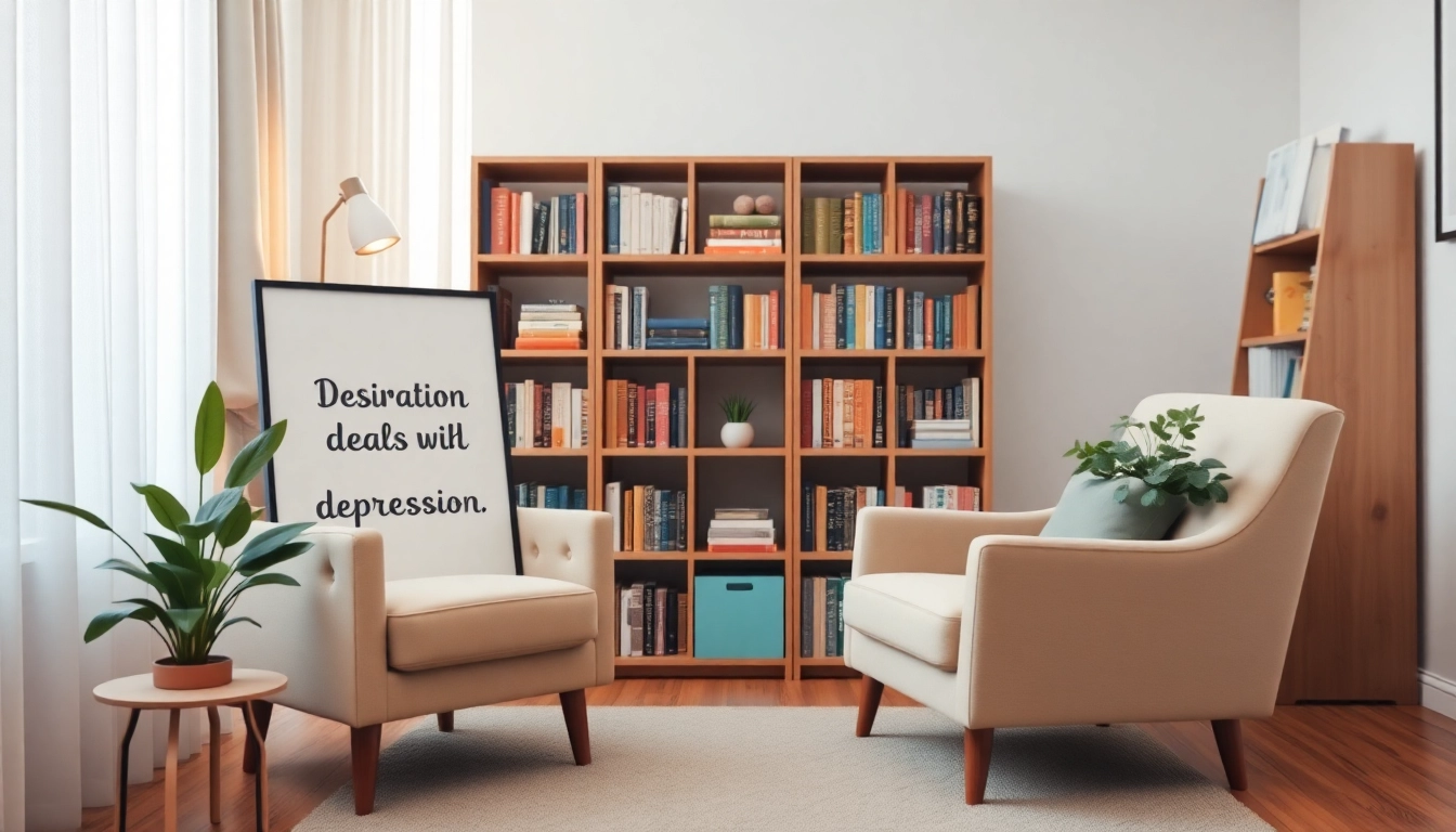 Engaging visual representation emphasizing dealing with depression in a calming therapist's office setting.