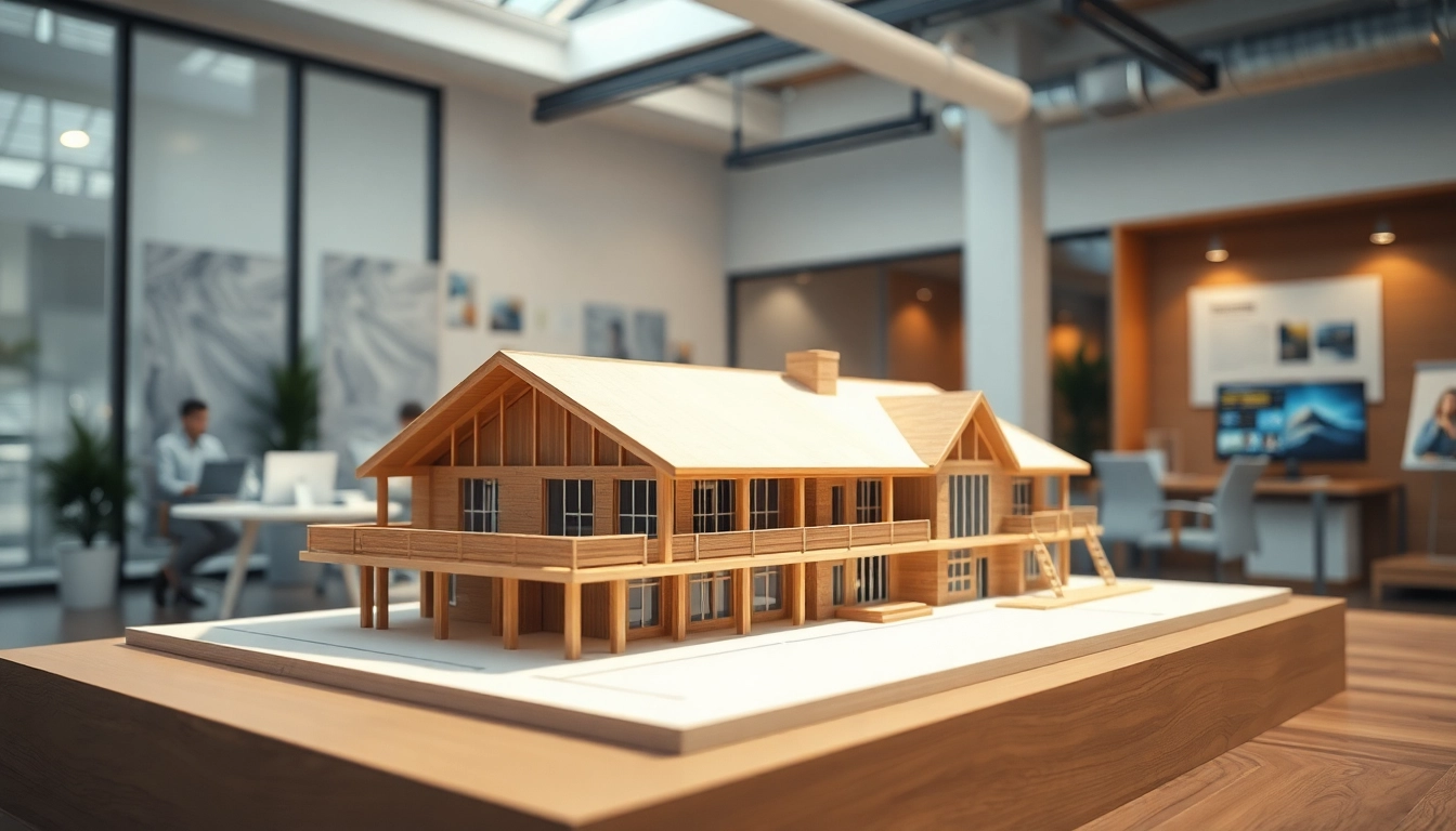 3D Visualisierung eines architektonischen Modells in einem modernen Büro mit detaillierter Darstellung.