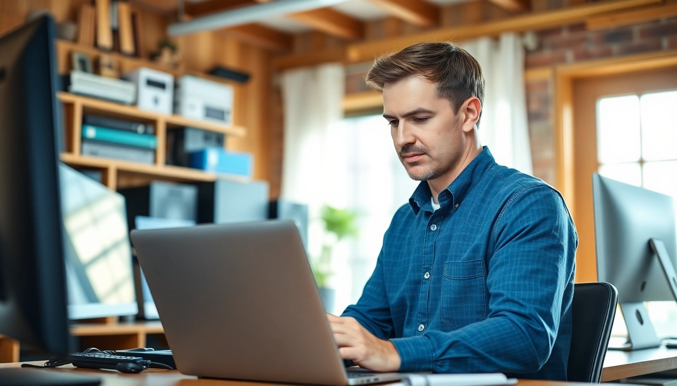 Providing residential IT support in a home office, technician inspects a laptop with a welcoming atmosphere.