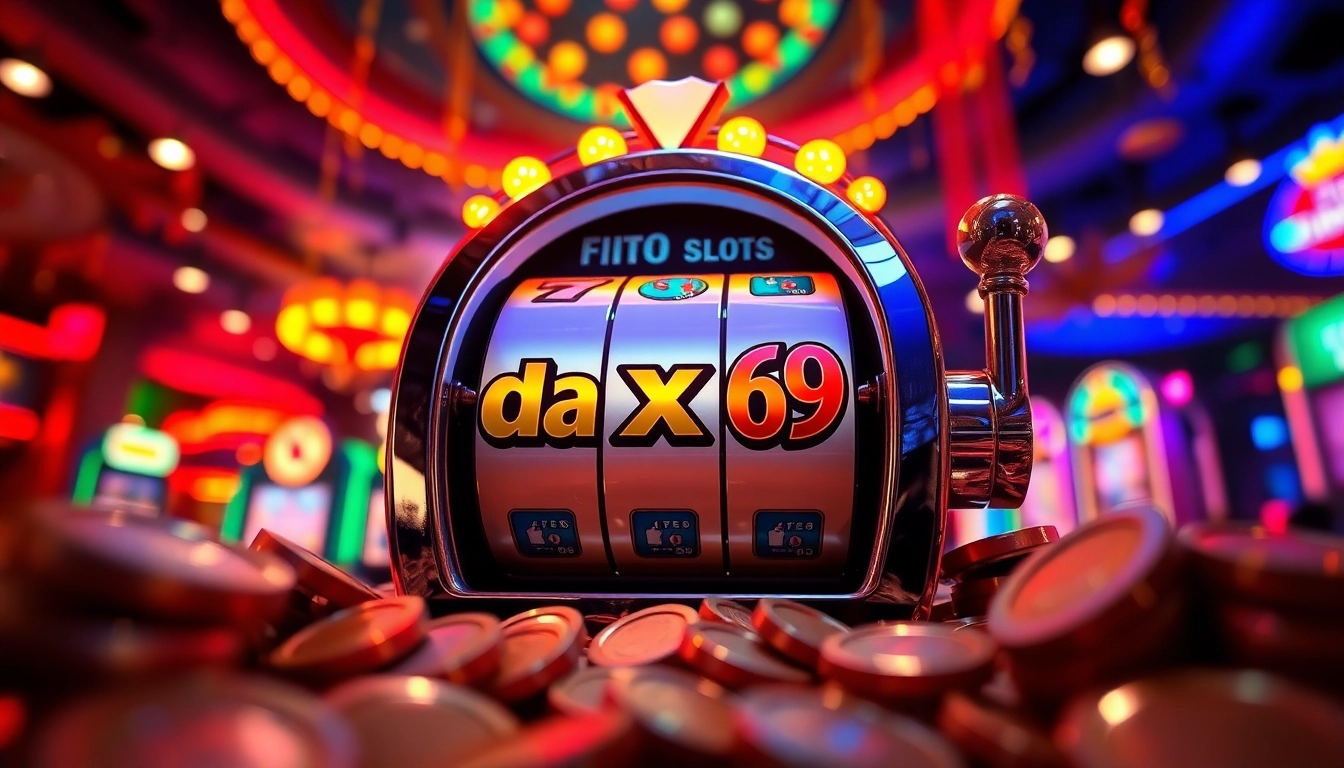 Bermain dax69 slot dengan mesin slot yang mengagumkan dikelilingi oleh elemen kasino yang meriah.