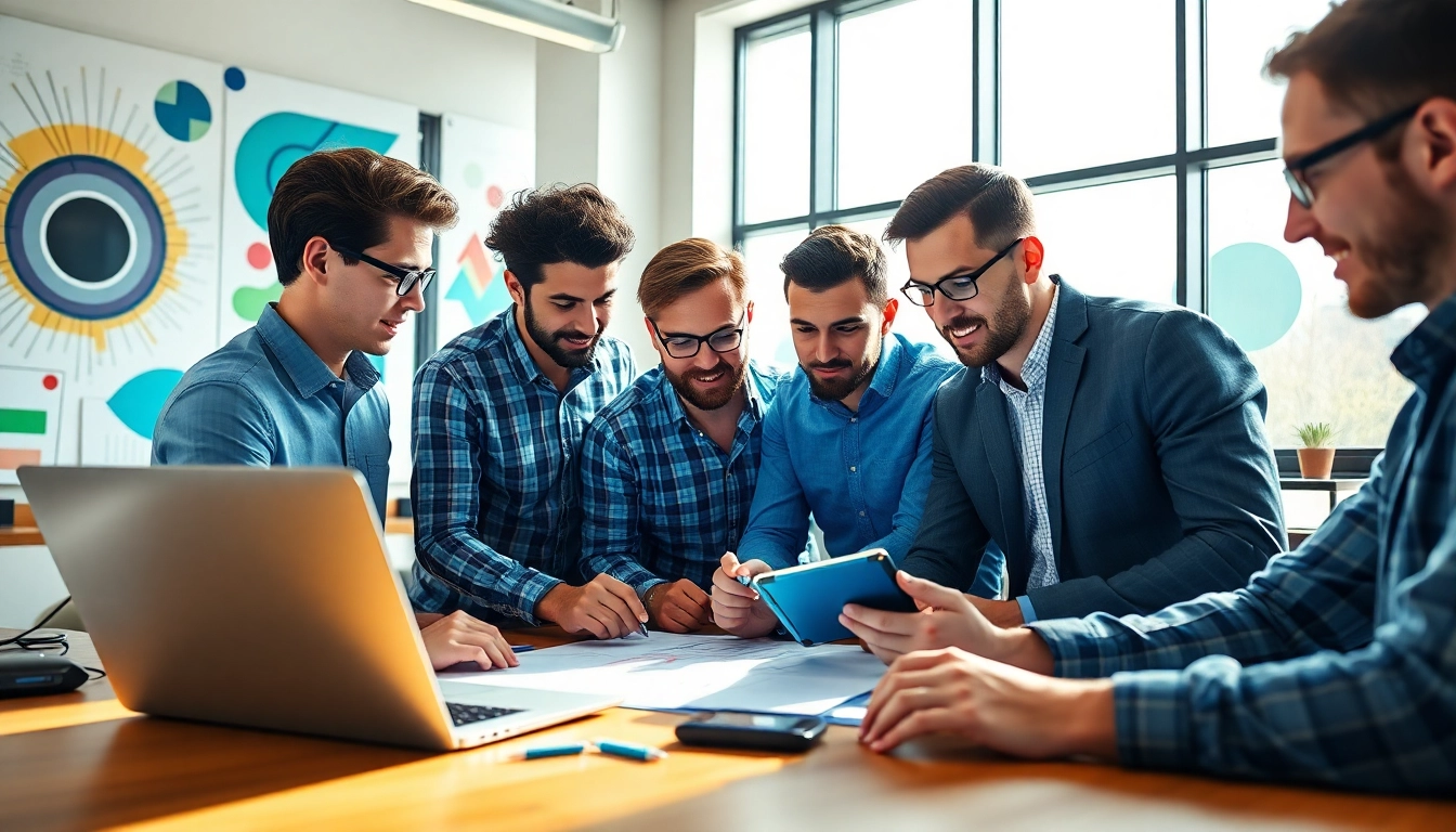 Kansas City web developers collaborating in a bright, modern office environment, showcasing teamwork and creativity.