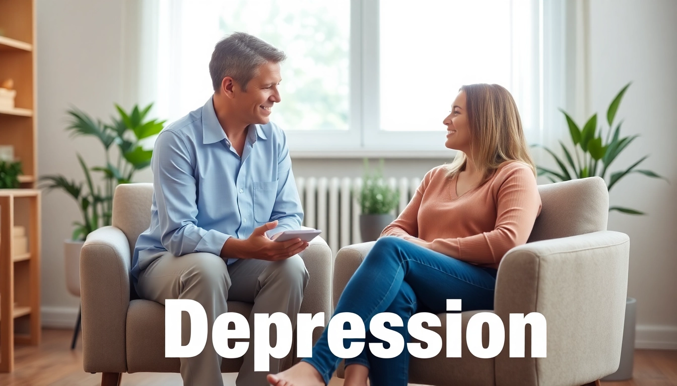 Therapist helping a client overcome Depression in a calming office environment.