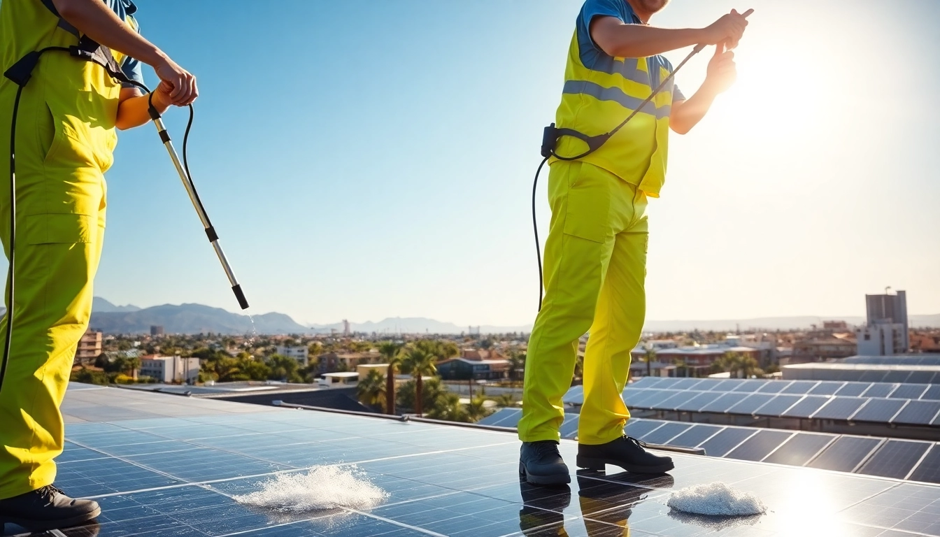 Professional solar panel cleaners Phoenix maintaining solar panels on a rooftop in bright sunlight.