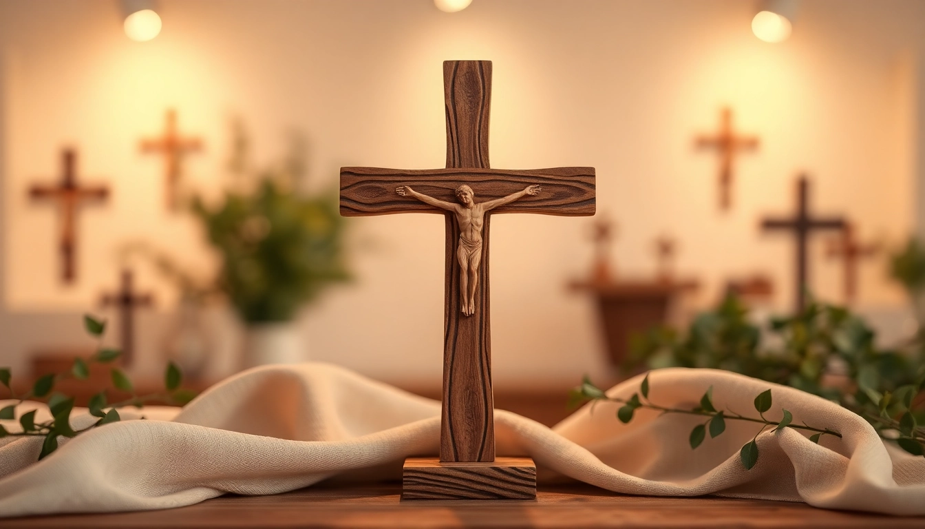 Handmade crosses featuring beautifully carved olive wood in a serene gallery setting.
