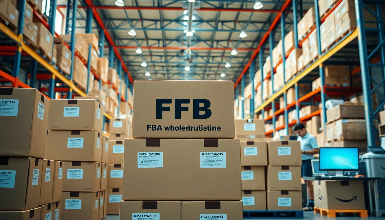 Organized FBA wholesale distribution warehouse showcasing neat product boxes and logistics.