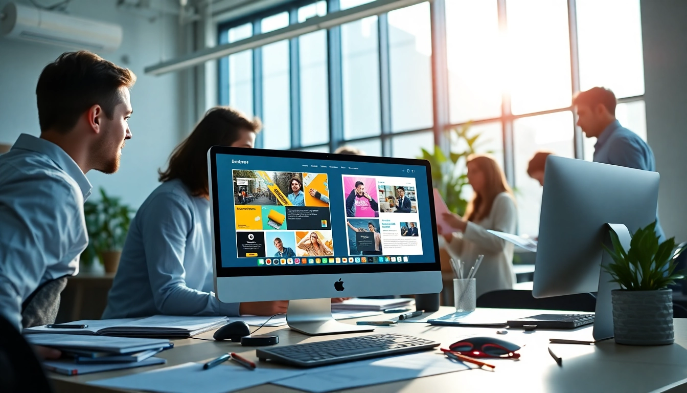 Showcasing professional collaboration among kansas city web design companies with vibrant designs and tools in a bright office.