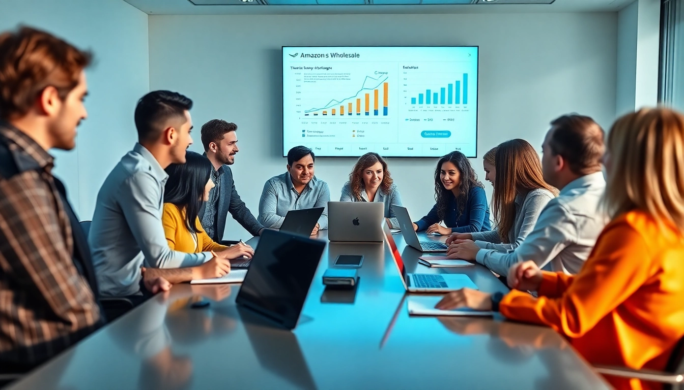 Engaged team collaborating on strategies for amazon wholesale in a modern office setting.
