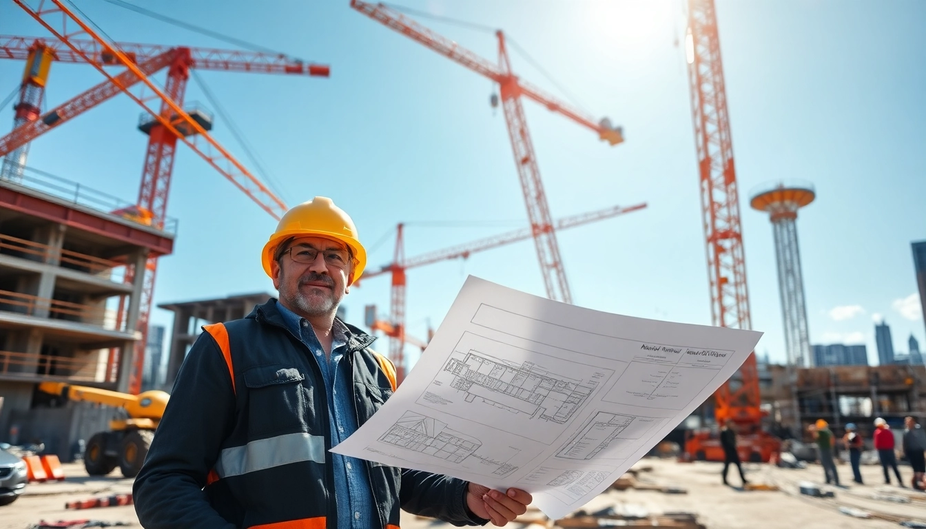 Engaged New York Commercial General Contractor reviewing blueprints on a lively construction site.