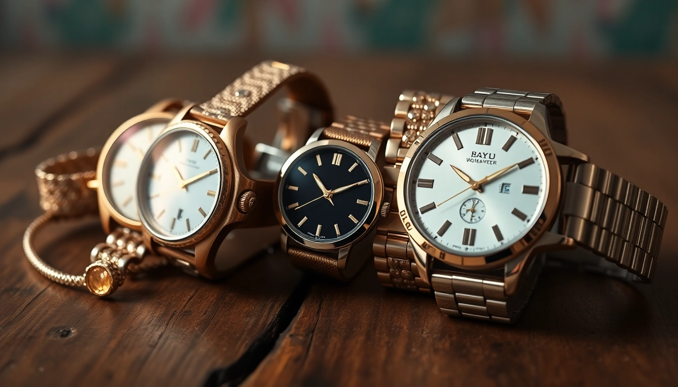 Stylish Damen Armbanduhren in verschiedenen Designs auf einem hölzernen Tisch.