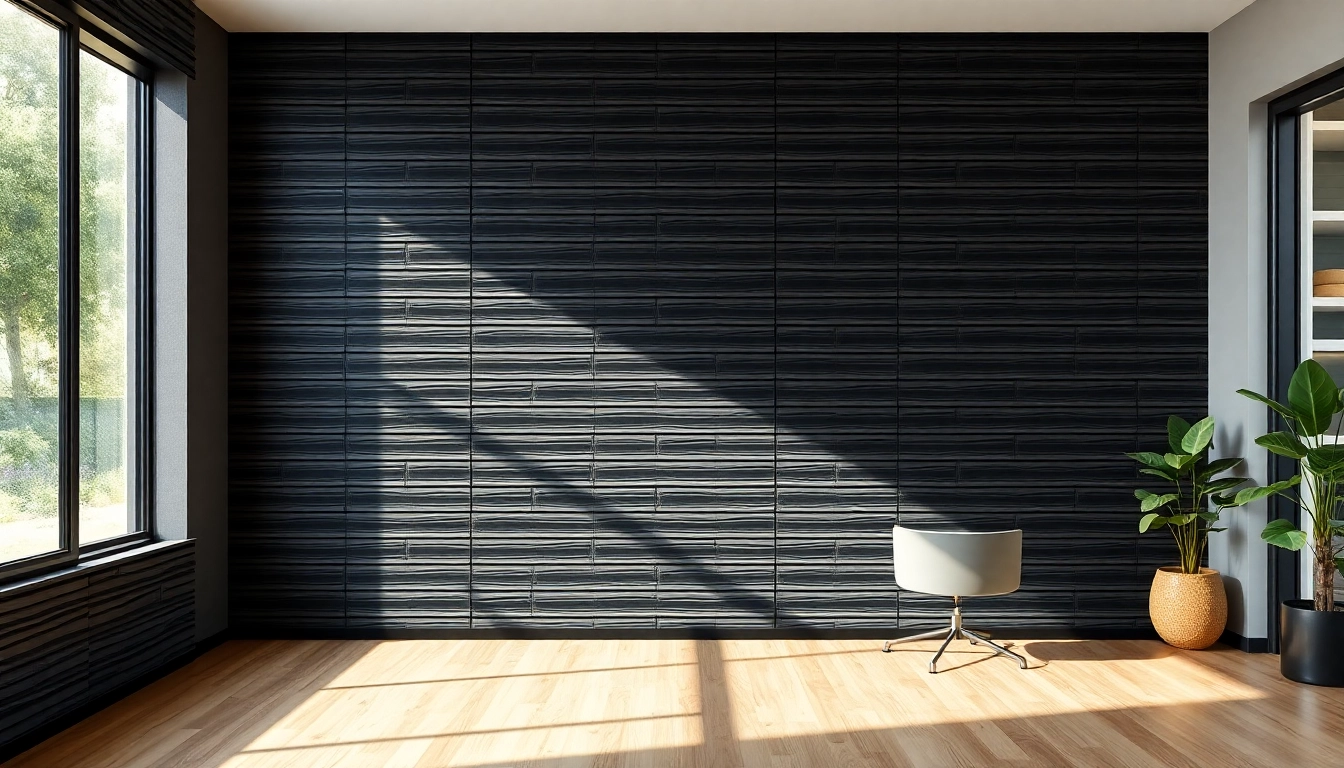 Enhance your space with a stylish black slat wall in a modern home office setting.