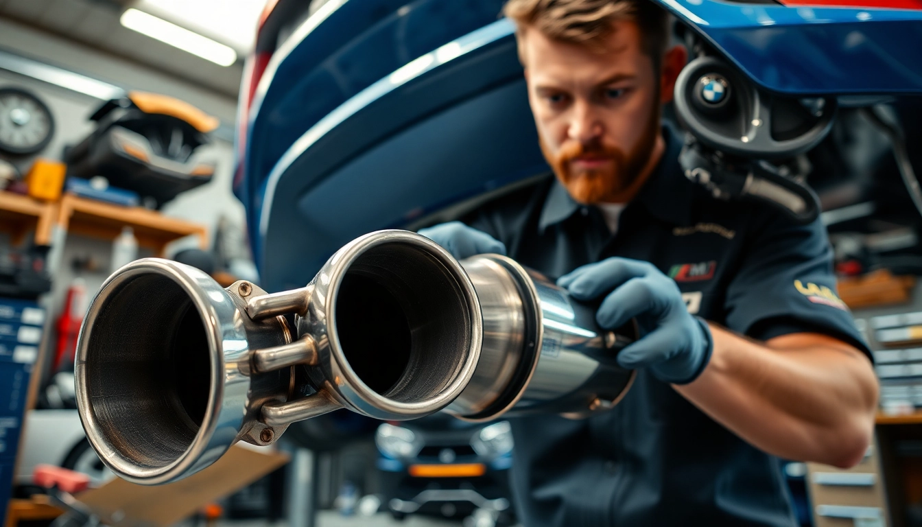 Installing an F80 downpipe with precision and skill in a detailed automotive workshop.