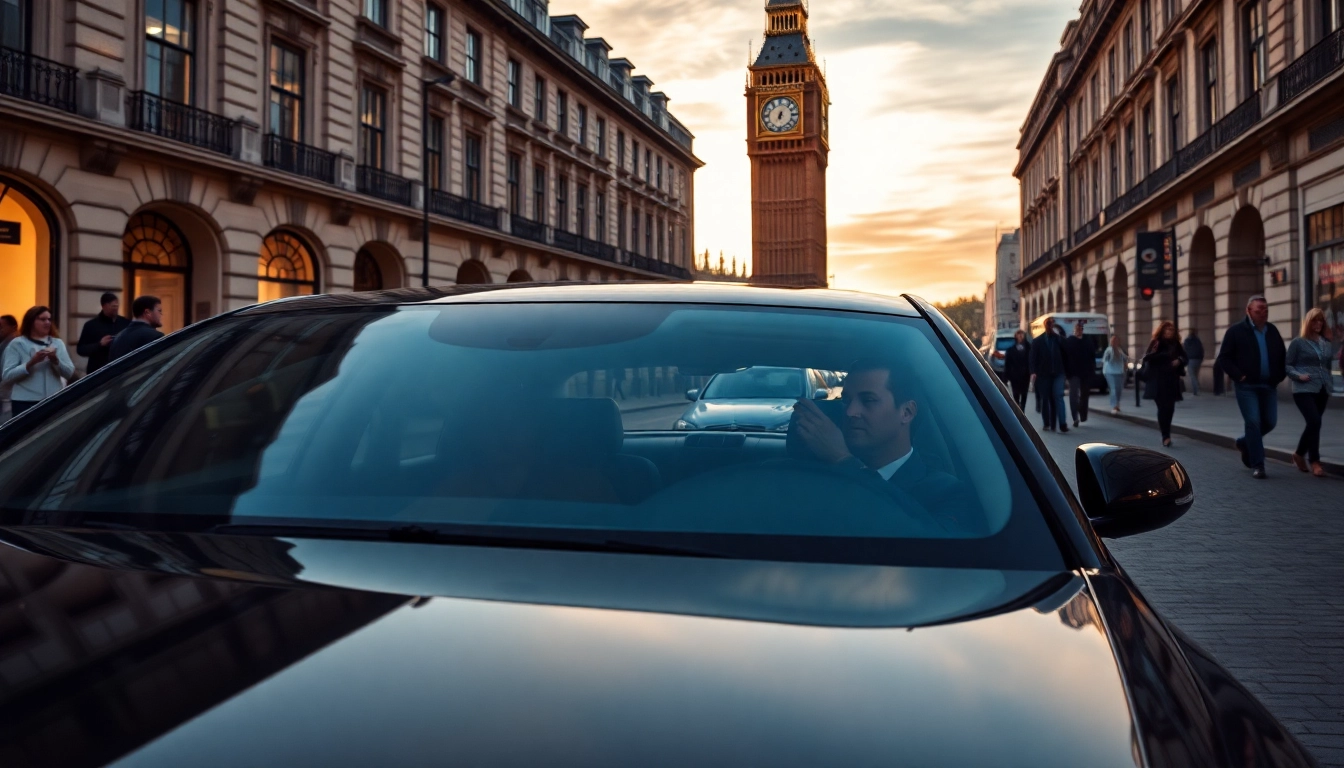Lifestyle of london chauffeur service showcased by a professional driver in a luxury black sedan.
